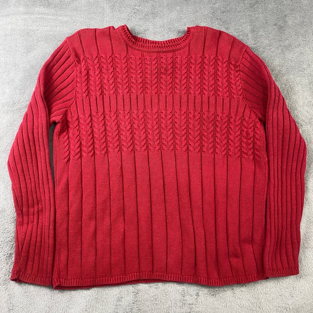 VTG Talbots Sweater Womens L Red Cable Knit Ribbed Cotton Crew Neck USA Made‎